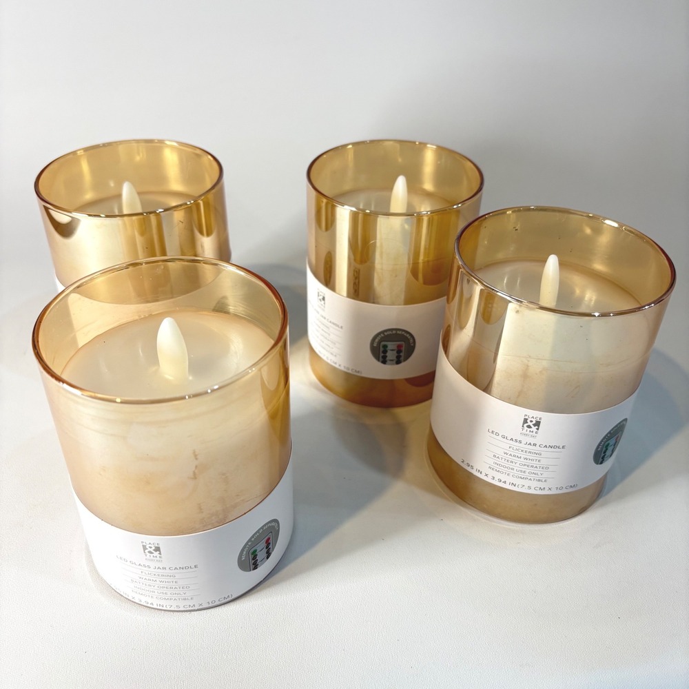 Place & Time Set of 4 Amber LED Glass Jar Candles Flickering Warm White 4 inch